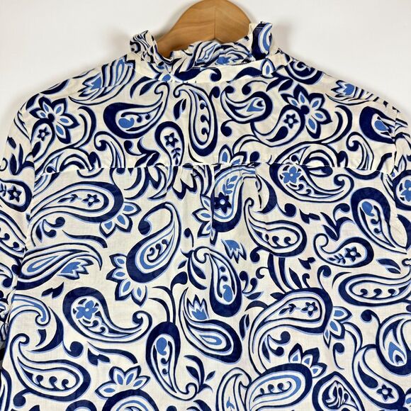 Talbots Shirt Womens Large Blue White Paisley Print Ruffle Button Up Cotton Top - Picture 5 of 14